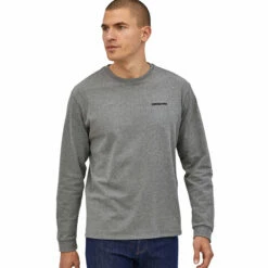 Patagonia Men's Long Sleeved P-6 Logo Responsibili-Tee - Gravel Heather -Brokedown Palace Shop SS23 Patagonia LSP6ResponsibiliTee GLH 01